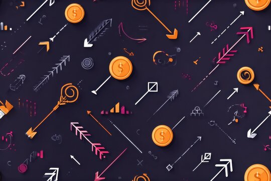 Seamless pattern with financial arrows, coins, and data charts