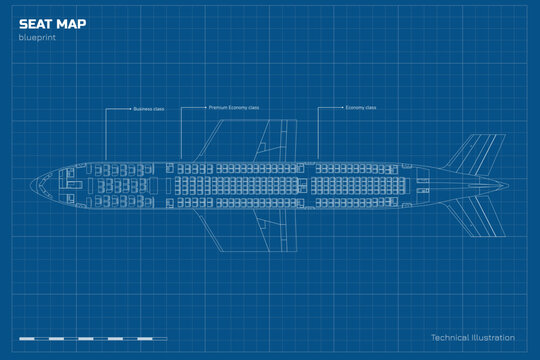 Passenger aircraft blueprint. Commercial aircraft seat map. Interior of a modern turbojet aircraft. Top view drawing