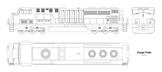 Isolated diesel cargo train. Outline drawing of locomotive. Linear blueprint. Railway delivery. Side, top and front railroad vehicle view © shaineast