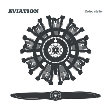 Aircraft piston engine silhouette. Radial rotor motor black shape. Industrial isolated drawing. Sketch of retro machine. Aviation banner