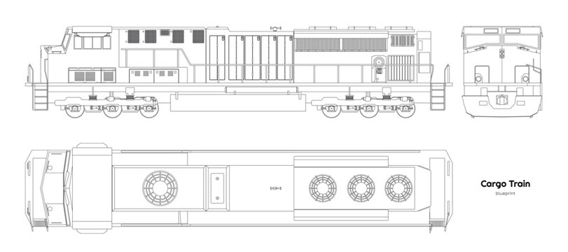 Isolated diesel cargo train. Outline drawing of locomotive. Linear blueprint. Railway delivery. Side, top and front railroad vehicle view