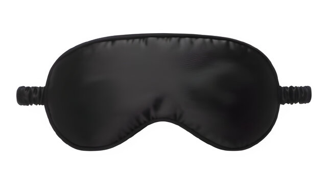 Black satin sleep mask for blocking light during sleep or travel, isolated on transparent background