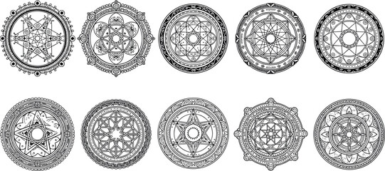 Set of Mystical Magic Circles and Sacred Geometry Alchemical Symbols for Spiritual Design © Firoz