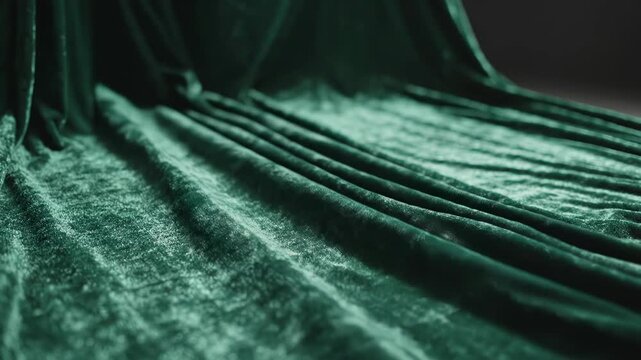 Lush emerald velvet drapes in soft, elegant folds with subtle highlights