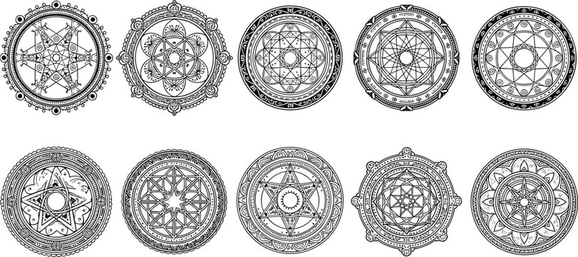 Set of Mystical Magic Circles and Sacred Geometry Alchemical Symbols for Spiritual Design