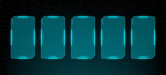 Five digital futuristic blank frames with glowing elements for game interface. Futuristic concept of hud vector graphics for cyber screen. © hiten666