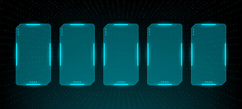 Five digital futuristic blank frames with glowing elements for game interface. Futuristic concept of hud vector graphics for cyber screen.