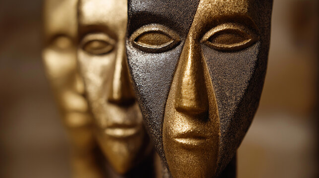 Close-up of metallic faces sculptures celebrating cultural diversity, richness of human expression, artistic multicultural representation, with copy space