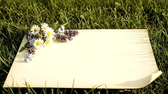 Blank Paper with Flowers on Green Grass Background.