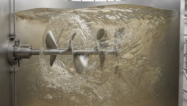 Sideentry mixer in action inside an industrial tank showing dynamic fluid flow and intense mixing of a homogenous liquid batch from a horizontal impeller view.
