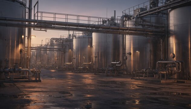Dusk view of an industrial solvent tank farm with glowing ambient light reflecting off metallic tanks and piping creating a warm moody atmosphere.