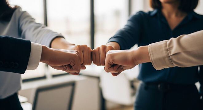 Row of business professionals fist bumping together perfect for partnership and motivation concepts