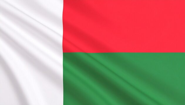"Madagascar national flag with vertical white band and horizontal red and green stripes, symbolizing heritage, identity, and sovereignty."