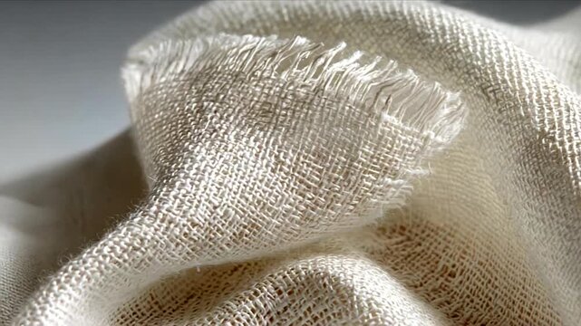 Close-up macro view of a textured natural fabric with visible threads and weave pattern.