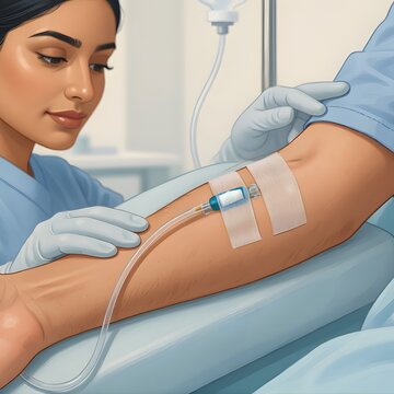 Peripheral IV Cannula Insertion in Hand Medical Illustration