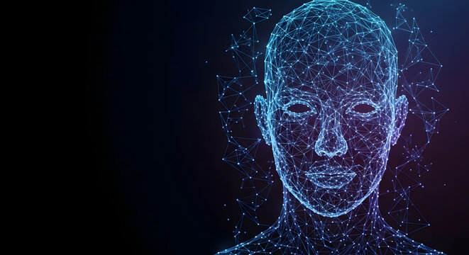 A futuristic digital illustration of a human face made of glowing blue lines and dots on a dark background