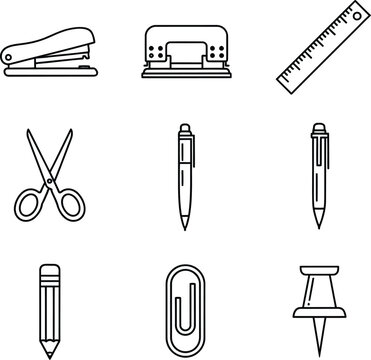 Set of office stationery icons including stapler paperclip and pencil