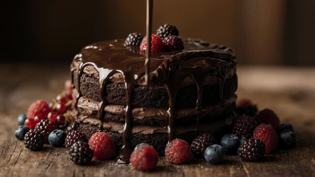 Decadent chocolate cake layered with cream, drizzled with gloss. Berries
