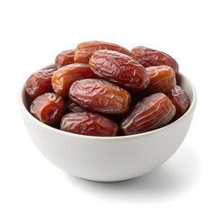 Obraz premium A bowl filled with sweet dried Medjool dates on white background