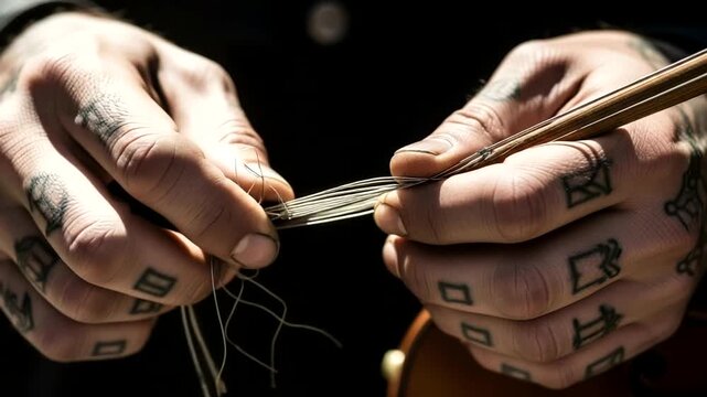 Close-up of tattooed hands preparing a violin bow.