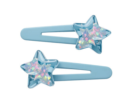 A pair of adorable light blue hair clips adorned with glittery, iridescent star-shaped charms, isolated on white.