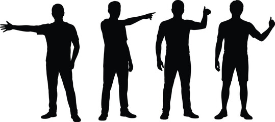 Silhouette people standing, hand gestures communication, pointing direction, thumbs up approval, presentation pose, body language figures, nonverbal interaction, isolated background © Enamul