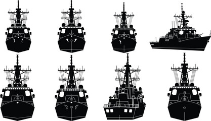 Warship, navy, ship, silhouette, military, vessel, maritime, defense, patrol, fleet, battleship, ocean, sea, transport, radar, weapon, security, marine, isolated, background © Shirina