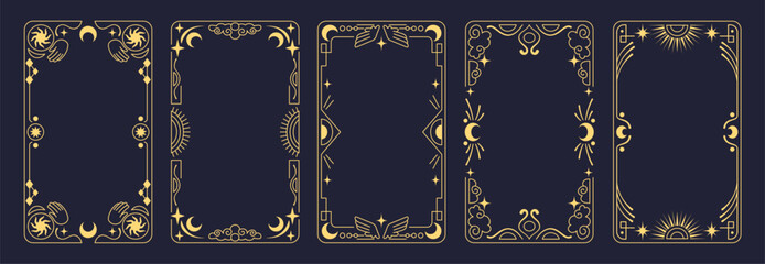 Tarot card set with mystical frames and celestial borders on dark background. Elegant gold moon and sun, esoteric symbols and vintage ornaments - vector magical card designs for astrology lovers. © vectorpouch