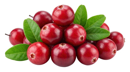Pile of fresh ripe red cranberries with green leaves on transparent background