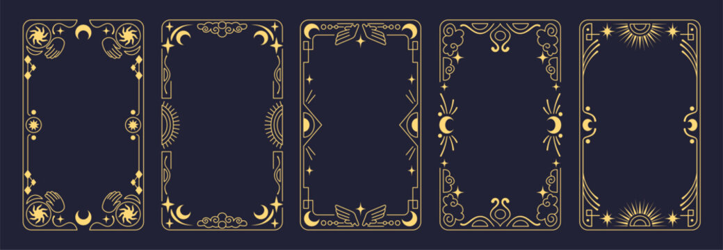 Tarot card set with mystical frames and celestial borders on dark background. Elegant gold moon and sun, esoteric symbols and vintage ornaments - vector magical card designs for astrology lovers.
