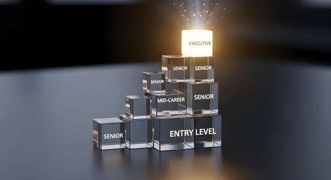 Corporate career progression concept with glowing executive leadership block
