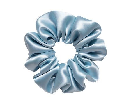 Delicate light blue satin scrunchie with elegant ruffles, isolated on white