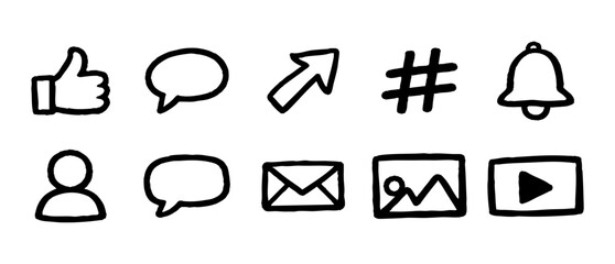 Hand-drawn black social media icons featuring thumbs up, speech bubble, hashtag, bell, user, email, gallery, and video play buttons on white.
