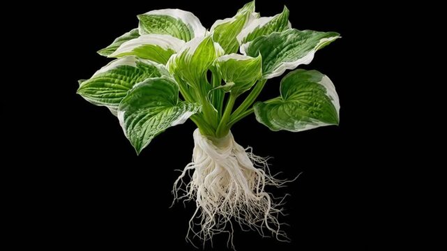 Plant with green and white variegated leaves, visible roots against a solid black background