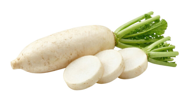 Fresh white daikon radish with green leaves and sliced pieces isolated on transparent background
