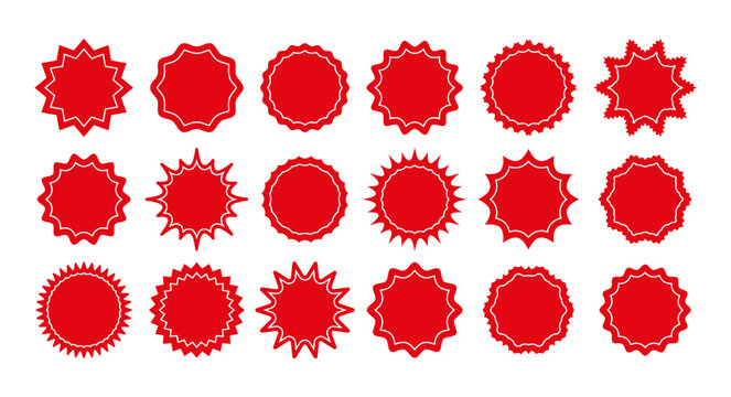 Red starburst badge shape. Set price tag icon. Star burst sticker pricetags. Sale promo circles and clouds isolated on white background. Round sun splash in simple design. Vector.