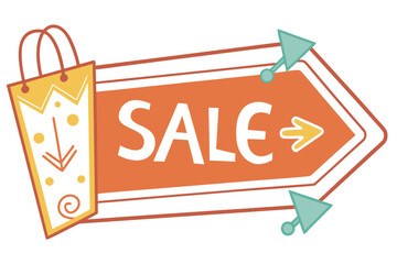 Colorful Sale Sign with Shopping Bag and Arrow.