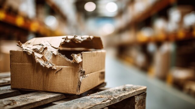 Torn and damaged cardboard box on a wooden pallet in a blurred warehouse aisle