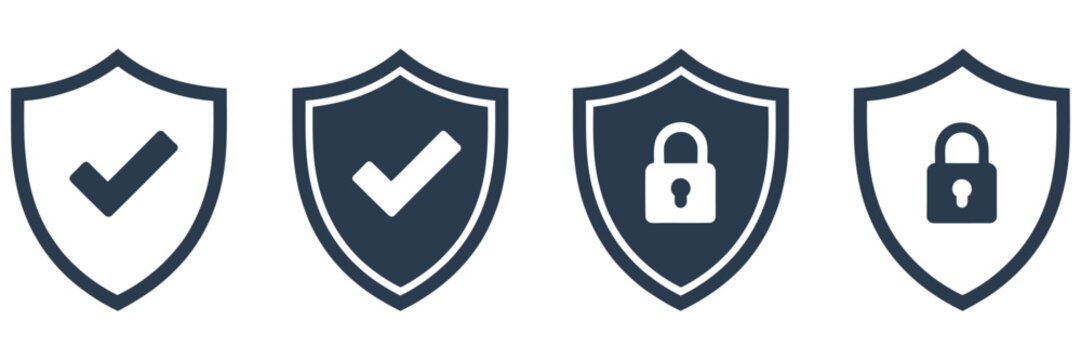 Security shield icons, security shield logotypes with check mark and padlock, vector illustrations of safety and protection symbols, perfect for cybersecurity