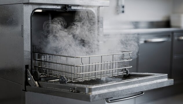 Industrial dishwasher door open with steam rising as racks slide into the machine surrounded by softly blurred stainless steel surfaces.