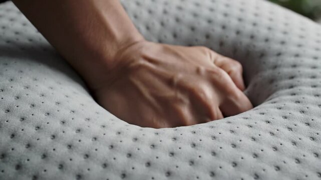 Close-up view of a hand pressing into a textured, padded surface, highlighting the softness and depth of the material