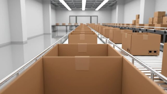 Empty cardboard boxes move along a conveyor belt in a modern warehouse