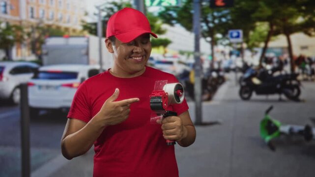 Young delivery worker man in red cap points finger at packing tape dispenser on street; friendly service pride.