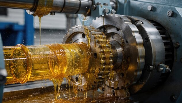 Medium shot of compressor oils circulating through mechanical parts emphasizing the cooling and lubricating properties of rerefined specialty fluids in heavyduty equipment.