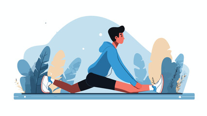 A person in blue hoodie and black shorts stretches their legs wide apart in a calm outdoor setting