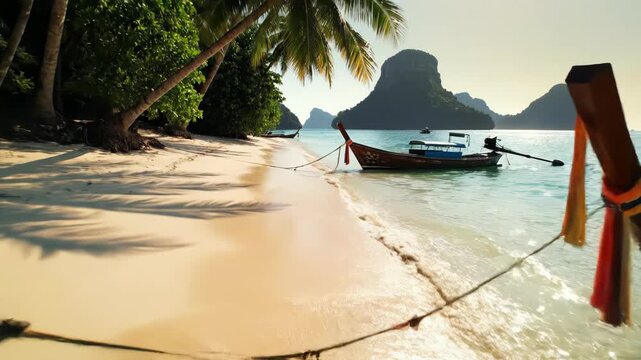 Tropical beach with boats and limestone karsts under soft sunlight