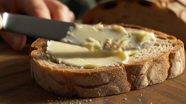 Applying butter to freshly baked bread slice close up shot culinary preparation