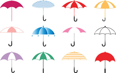 Obraz premium A delightful collection of twelve colorful umbrellas with varied patterns and shapes on a white background