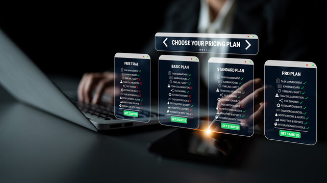 Modern Digital Pricing Plan Selection on Mobile Devices with User Interface Elements and Laptop Background Quark.