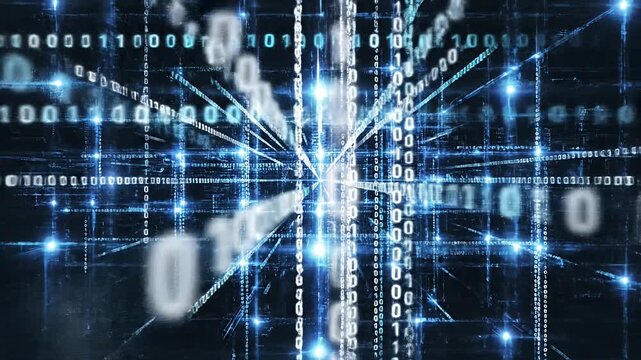 Abstract digital data grid with glowing blue lights and binary code